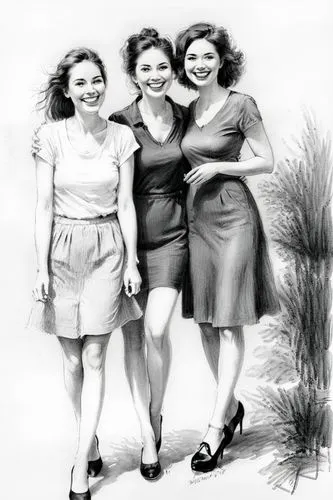 Black and White. Three friendly smiling Ladies.,sewing pattern girls,vintage girls,retro women,colorization,1940 women,retro pin up girls,image editing,model years 1960-63,pin-up girls,retro 1950's cl