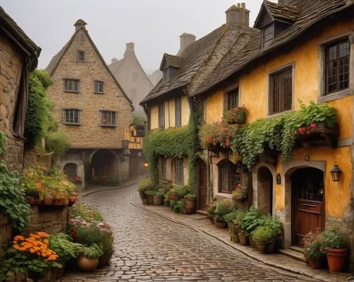 medieval street,rothenburg,medieval town,the cobbled streets,townscapes,rothenburg of the deaf,carmel,dinan,highstein,alsace,cobblestones,francia,burford,cobbled,france,cobblestone,half-timbered houses,narrow street,cobblestoned,quaint,Conceptual Art,Oil color,Oil Color 06