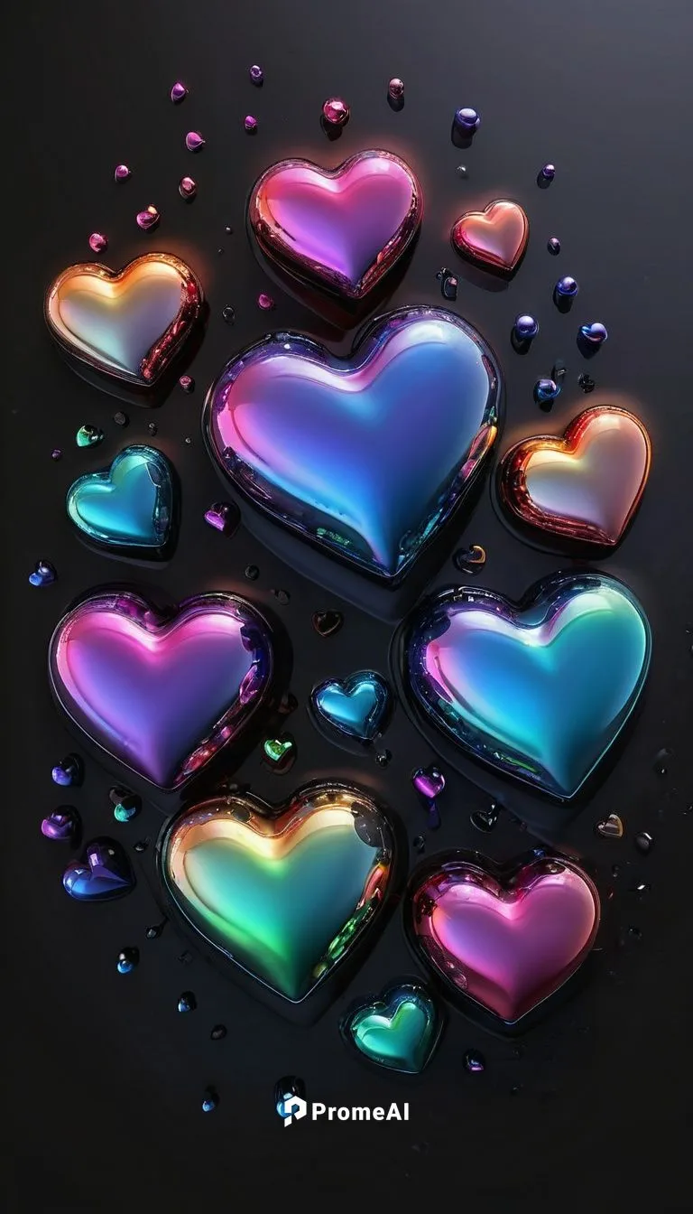 3D vivid iridescent colored hearts on a black background with small black water droplets,colorful heart,neon valentine hearts,heart background,painted hearts,glitter hearts,watery heart,hearts 3,puffy