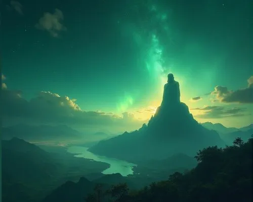 fantasy picture,fantasy landscape,isengard,matterhorn,alfheim,green aurora