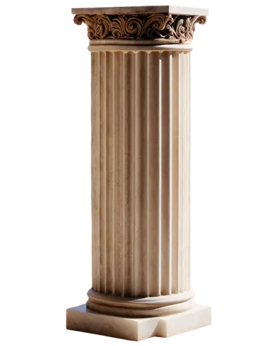 Ancient Greek column, solo, ornate capital, fluted shaft, pedestal base, white marble, detailed carvings, morning dew, soft sunlight, 3/4 composition, shallow depth of field, warm color tone, cinemati