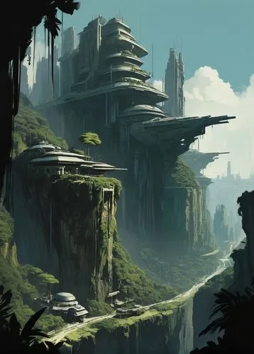 futuristic landscape,ancient city,yavin,mountain settlement,karst landscape,fantasy landscape,skylands,canyon,cliffside,tigers nest,kashyyyk,environments,high landscape,homeworld,cliffs,building valley,mushroom landscape,imperial shores,an island far away landscape,citadels,Conceptual Art,Fantasy,Fantasy 10