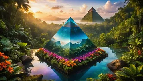 triangles background,diamond lagoon,nature background,fantasy landscape,pyramids,fantasy picture,pyramid,3d fantasy,beautiful wallpaper,polynesia,fairy world,tropical bloom,nature wallpaper,full hd wallpaper,tropics,futuristic landscape,tropico,garden of eden,glass pyramid,diamond wallpaper,Photography,General,Realistic