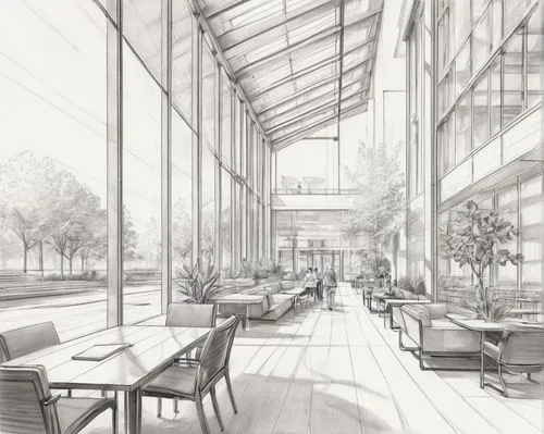 renderings,sketchup,wintergarden,revit,daylighting,bobst,atriums,unbuilt,hotel lobby,lunchroom,3d rendering,cochere,school design,skyways,glasshouse,glasshouses,breezeway,sunroom,teahouse,penthouses,Illustration,Black and White,Black and White 30