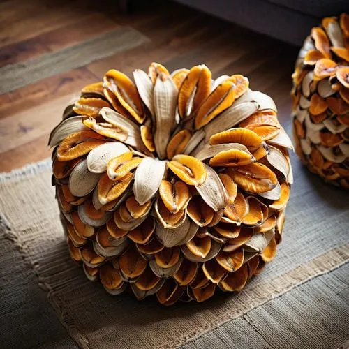 Utilize dried and treated orange peels to create a sturdy ottoman frame, then weave strips of banana peel or coconut husk for a natural and eco-friendly seating surface.,pine cone pattern,douglas fir 