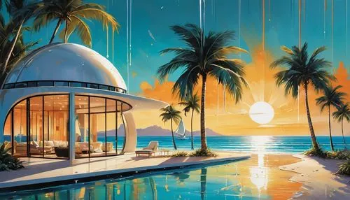 tropical house,cabana,resort,tropical island,palmtrees,futuristic landscape,tropicale,pool house,umbrella beach,ocean paradise,paradisus,cabanas,seaside resort,beach resort,beach tent,dream beach,palm trees,tropics,tropical beach,beach restaurant,Conceptual Art,Graffiti Art,Graffiti Art 08