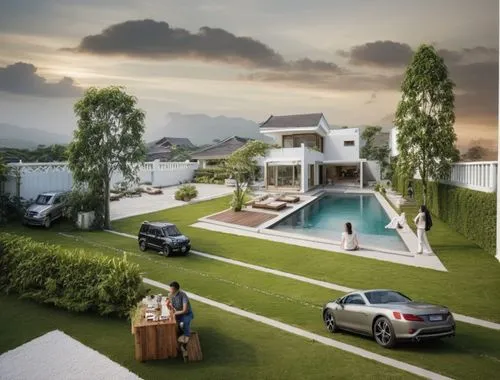 country house,a pool, garden, and car are arranged on the lawn,luxury property,bendemeer estates,hovnanian,landscape design sydney,artificial grass,landscaped,Photography,General,Natural