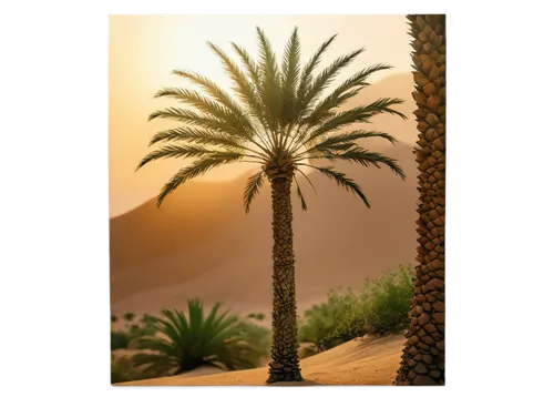 Arabic tree, tall palm, desert landscape, intricate patterns on trunk, thick branches, large green leaves, golden sunset, warm lighting, shallow depth of field, 3/4 composition, cinematic color tone, 