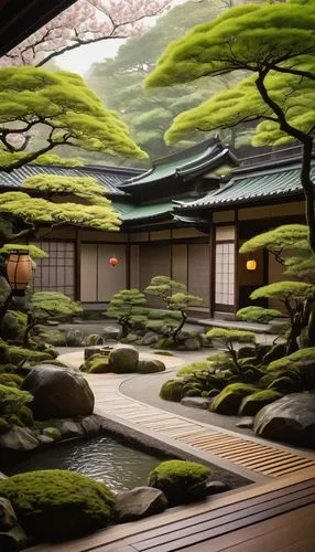 Six-story Japanese ryokan architecture, traditional tatami mats, shoji sliding doors, natural wood accents, paper lanterns, curved tiled roofs, intricate carvings, serene inner courtyard, koi pond, ch