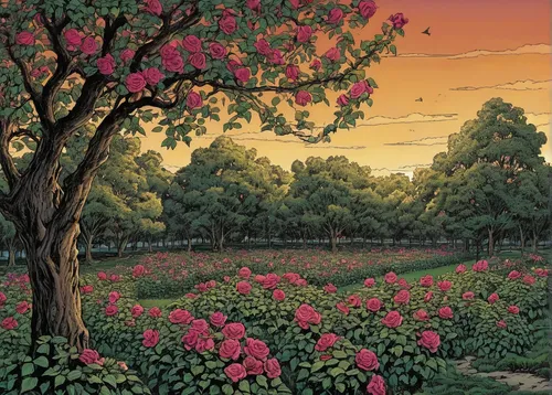 blooming field,fruit fields,sakura trees,meadow in pastel,magnolia trees,flowers field,flower field,field of flowers,flowering trees,cherry trees,blossoming apple tree,blooming trees,orchards,tulip field,orchard,flower garden,japanese cherry trees,peach tree,meadow landscape,lilac arbor,Illustration,American Style,American Style 04