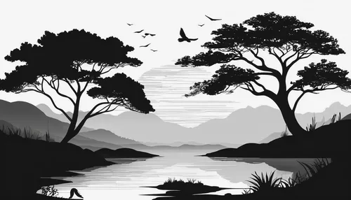 Capture the beauty of nature in a landscape illustration for Graphic River.,landscape background,silhouette art,animal silhouettes,river landscape,background vector,birch tree illustration,nature land