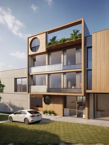 Modern building. Realistic,modern house,3d rendering,modern architecture,wooden facade,eco-construction,smart house,timber house,cubic house,housebuilding,wooden house,new housing development,smart ho