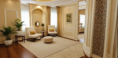 Classical style formal Entry / waiting room with rich design and luxurious decor, wall molding and false ceiling all in classical interior decor. there is a fish tank in the room and a floor lamp to p