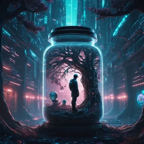 jar,capsule,cyberia,odditorium,sensorium,terrarium,cyberworld,empty jar,photomanipulation,cyberpunk,sci fiction illustration,aquarium,cyberscene,echo,digital art,glass jar,nidularium,jars,obscura,apiarium,Conceptual Art,Sci-Fi,Sci-Fi 09