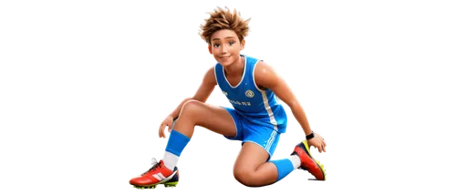 Cartoon soccer player, dynamic pose, kneeling, one leg bent, colorful soccer cleats, white socks, shin guards, athletic shorts, sleeveless jersey, messy spiky hair, bright blue eyes, joyful expression