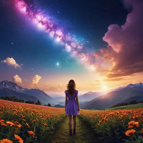 fantasy picture,universe,dreamscape,the universe,stargazer,horizons,cosmos field,dream world,celestial phenomenon,cosmos,wonderlands,fairy galaxy,star sky,magellanic,universo,heavenward,dreamscapes,colorful star scatters,photo manipulation,skygazers,Photography,General,Realistic