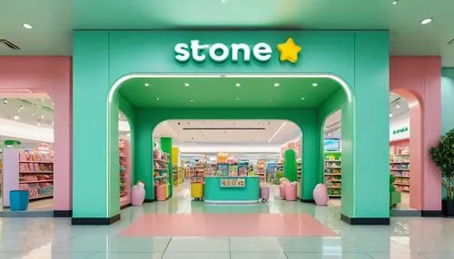 kids play store entrance in mall minimal design with showcase pastel green color,store,bond stores,neo-stone age,toy store,shoe store,store icon,stone floor,computer store,book store,music store,stone