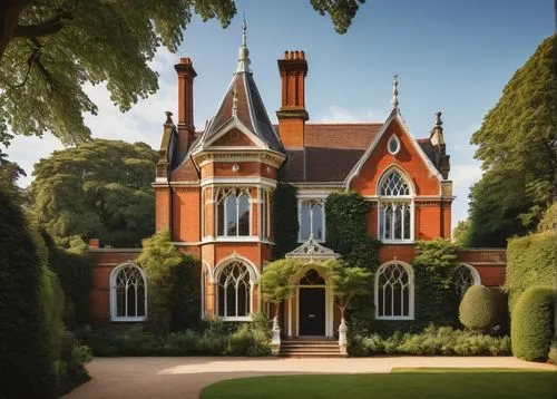 Chiswick House, British country house, Victorian style, Gothic Revival, asymmetrical facade, red brick walls, white limestone trim, steeply pitched roof, multiple chimneys, ornate wooden doors, large 