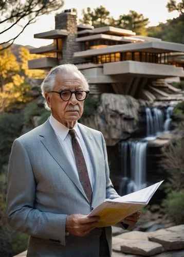 Lloyd Wright, American architect, standing, middle-aged, glasses, grey suit, white shirt, tie, holding blueprints, serious expression, desert landscape, Fallingwater, organic architecture, stone walls