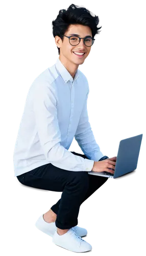 Digital marketing specialist, young adult, male, smiling, blue eyes, black hair, trendy glasses, white shirt, dark jeans, sneakers, laptop, smartphone, notebook, pen, coffee cup, modern desk, minimali