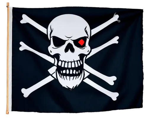 Pirate flag, Jolly Roger, black background, white skull, crossbones, red eyes, torn edges, worn fabric, fluttering in wind, close-up shot, dramatic lighting, high contrast, cinematic composition.,a fl