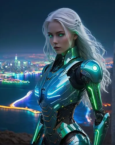 Celestial starry night sky, AI robot, futuristic, metallic body, glowing blue circuits, shiny armor, feminine figure, long silver hair, piercing green eyes, intricate mechanical limbs, standing on a c