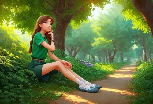 girl with tree,green forest,green background,girl sitting,world digital painting,park bench,Common,Common,Cartoon