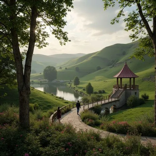 Rolling hills, lush green meadows, serene lakeside, misty morning atmosphere, winding stone pathways, rustic wooden bridges, whimsical gazebos, ornate iron fences, vibrant blooming flowers, towering t