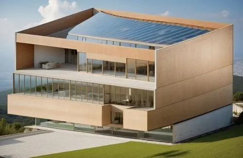 NECESITO QUE SE VEA EL JUEGO DE VOLUMENES DE TRES NIVELES QUE SE INSPIRE EN LA ARQUITECTUA DE RAFAEL MONEO,an architecturally designed building with a solar panel,bocconi,modern house,passivhaus,moneo