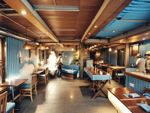 A cozy bar located in Yeonnam-dong, Hongdae. It features 4-person tables and folding chairs. Part of the wall is decorated with blue striped fabric, secured with stainless steel edges. Steam is rising