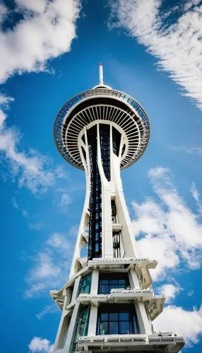 Seattle Space Needle, lego bricks, futuristic architecture, urban landscape, blue sky, white clouds, sunny day, afternoon light, vibrant colors, detailed textures, geometric shapes, symmetrical compos