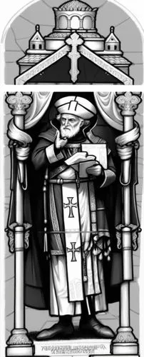 a simple 2d drawing in black and white depicts a bishop. The background is a simple, clean drawing. It must be like a children coloring,an image of a black and white church window with stained glass,c