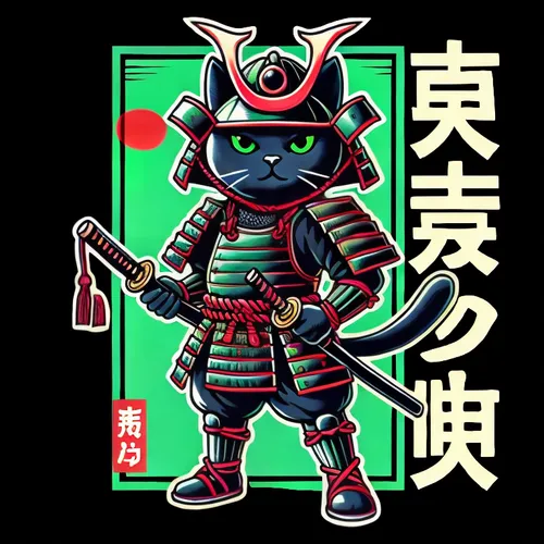 a painting of a samurai cat wearing a helmet,ashigaru,samurai,samurai fighter,oni,kensei,katsumata