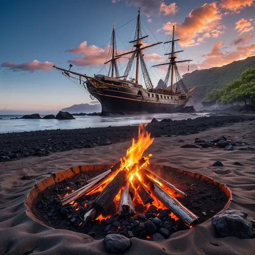 old wooden boat at sunrise,stromboli,fireships,campfire,moana,fireship