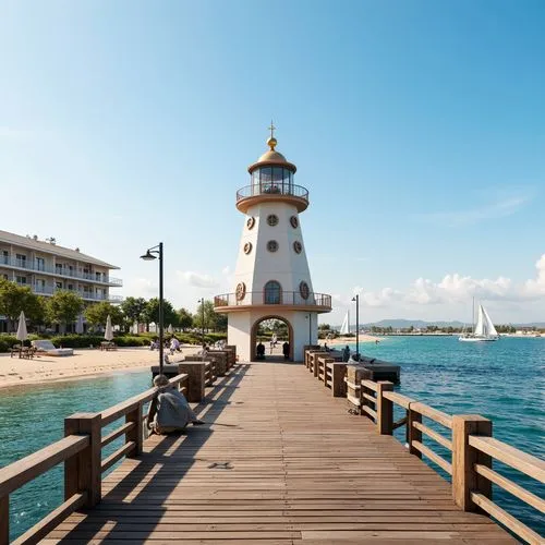 Seaside promenade, symmetrical pier, majestic lighthouse, nautical-themed decorations, rustic wooden planks, sandy beach, calm turquoise water, sailboats, seagulls, sunny day, soft warm lighting, shal