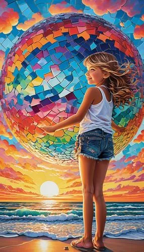 sunsrise  in the clouds mosaic colors, over the beach, jigsaw puzzle, mural in the top of the ball, little girl,belly painting,kaleidoscope art,kaleidoscape,colorful balloons,colorful spiral,girl on t