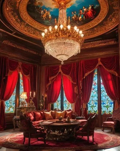 Old world, luxury, ornate, wooden furniture, velvet drapes, crystal chandelier, marble floor, intricate carvings, lavish decorations, gold accents, red wine colored walls, dimly lit, warm ambiance, Re