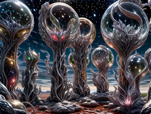 mushroom landscape,alien world,alien planet,tree grove,magic tree,celtic tree,tree of life,spheres,forest of dreams,fractals art,fantasy art,psychedelic art,mirror of souls,moonlight cactus,fractal environment,fantasy landscape,snowglobes,grove of trees,mandelbulb,meridians