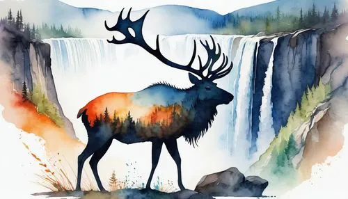 An artistic painting in a watercolor style of a silhouette of the outline of a large elk with its face up, and inside it is painted in a more abstract style, a breathtaking view of waterfalls in natur