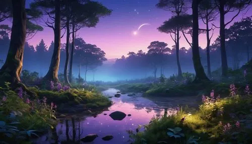 purple landscape,fantasy landscape,fairy forest,forest of dreams,forest landscape,purple wallpaper,fantasy picture,enchanted forest,fairy world,fairytale forest,landscape background,elven forest,foggy forest,forest background,frog background,unicorn background,cartoon video game background,twilight,dusk background,forest glade,Photography,General,Realistic