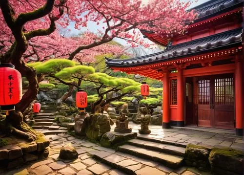 japanese sakura background,japan garden,japanese shrine,japanese cherry trees,sakura background,japan landscape,plum blossoms,asian architecture,japon,beautiful japan,qibao,japanese garden,dazaifu,wudang,heian,qingcheng,qingming,teahouses,japanese garden ornament,suzhou,Illustration,Realistic Fantasy,Realistic Fantasy 37