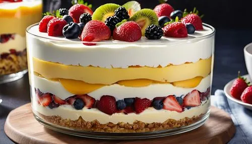 trifle,mixed fruit cake,cream cheese cake,zabaglione,white chocolate mousse,cheese cake,Photography,General,Realistic