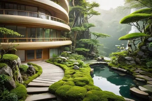 green waterfall,japanese zen garden,futuristic landscape,ecotopia,zen garden,landscaped,forest house,verdant,green living,biopiracy,shangri,oasis,tropical jungle,green garden,kunplome,beautiful home,home landscape,biophilia,greenforest,tropical greens,Illustration,Japanese style,Japanese Style 04