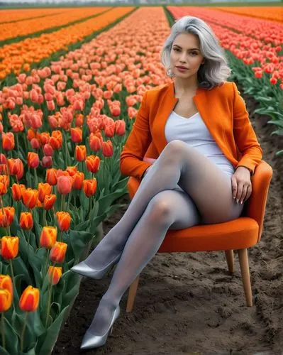 Young beautiful woman, dye grey hair, light skin, wearing orange pantyhose, sitting in a chair, crossed legs, two legs, field full of tulips, Dutch landscape, fashion photograph, high resolution,tulip