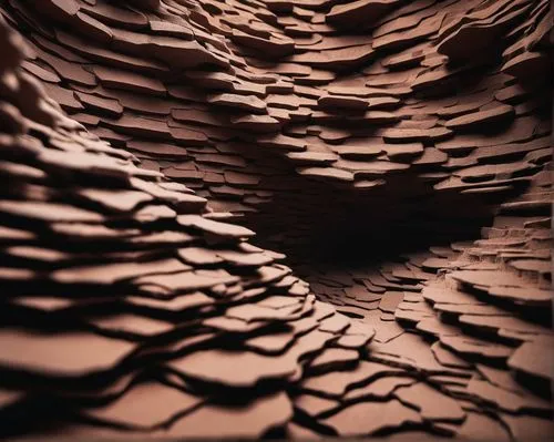 Conceptual architecture, futuristic, abstract, irregular shape, earthy tone, rough texture, clay material, organic form, irregular edges, fragmented structure, avant-garde, experimental, artistic, sur