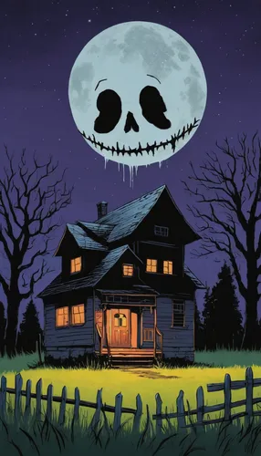 A small town becomes prey to a mysterious slasher who wears a haunting mask. Can the locals uncover the killer's identity before it's too late?,halloween poster,the haunted house,halloween illustratio