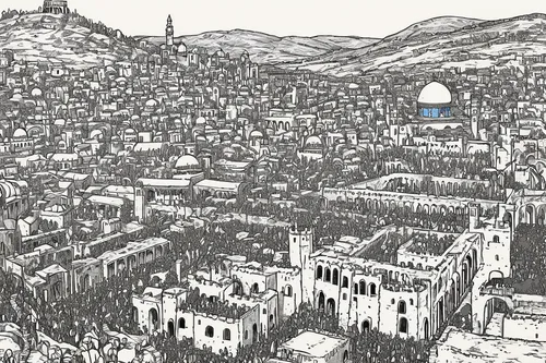 damascus,dubrovnik city,bethlehem,göreme,bukchon,jerusalem,sarajevo,townscape,medina,dubrovnik,medieval town,alhambra,ancient city,destroyed city,makkah,constantinople,old city,jerash,city cities,amman,Illustration,Black and White,Black and White 21