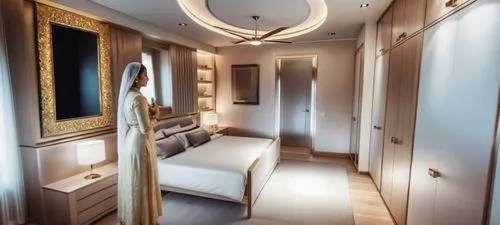 bohra lady checking herself while standing in front of mirror facing the mirror,luxury bathroom,staterooms,stateroom,hallway space,bridal suite,beauty room,luxury hotel,hallway,luxury home interior,in