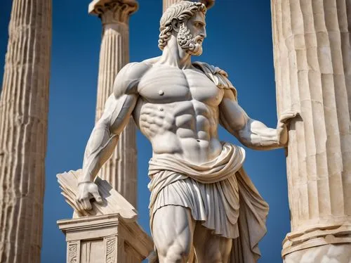 Architecture figures, ancient Greek statue, marble material, detailed texture, pedestal base, columnar background, Parthenon-inspired temple, Athens cityscape, sunny day, warm lighting, dramatic shado