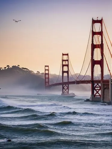 Golden Gate Bridge, iconic suspension bridge, San Francisco, California, USA, majestic orange color, intricate latticework, Art Deco style, sturdy pillars, cables, suspender wires, foggy atmosphere, m